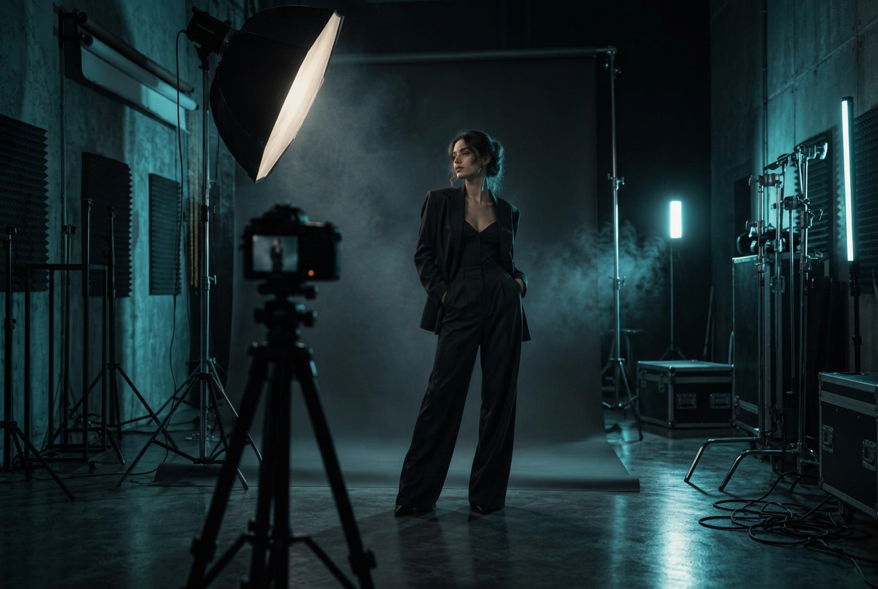 Produzione fotografica in studio con luce azzurra